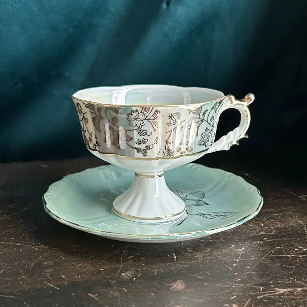 Napcoware Mid-century Footed Lustreware Teacup and Saucer Set Seafoam Green Gold